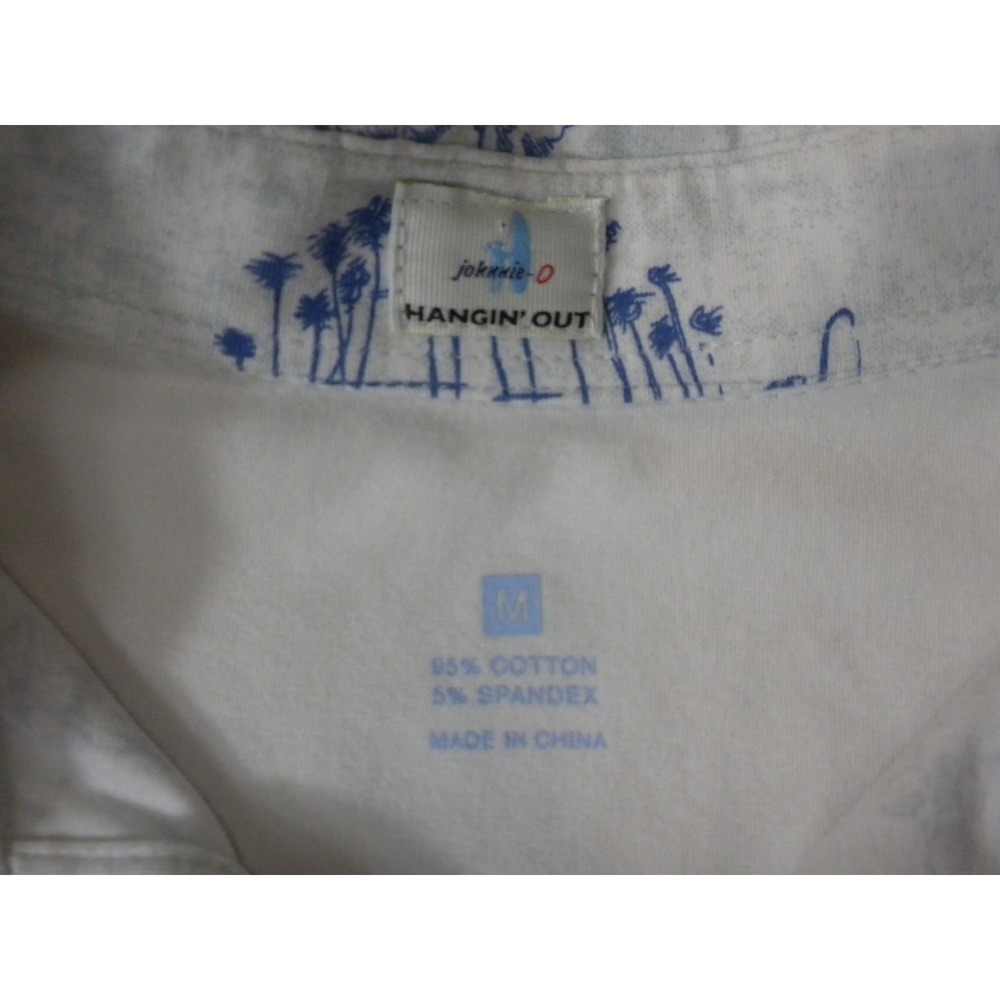 Johnnie-O Polo Shirt Mens M White Blue Hangin Out Beginner's Luck AOP Surf Beach - Picture 4 of 7